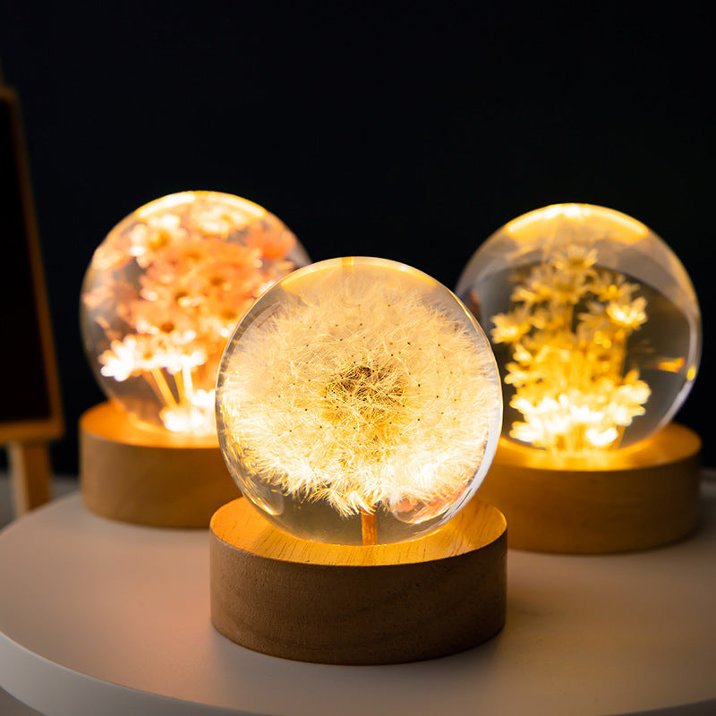 "Mini Luminous Dandelion Crystal Ball with Beech Wood Stand"