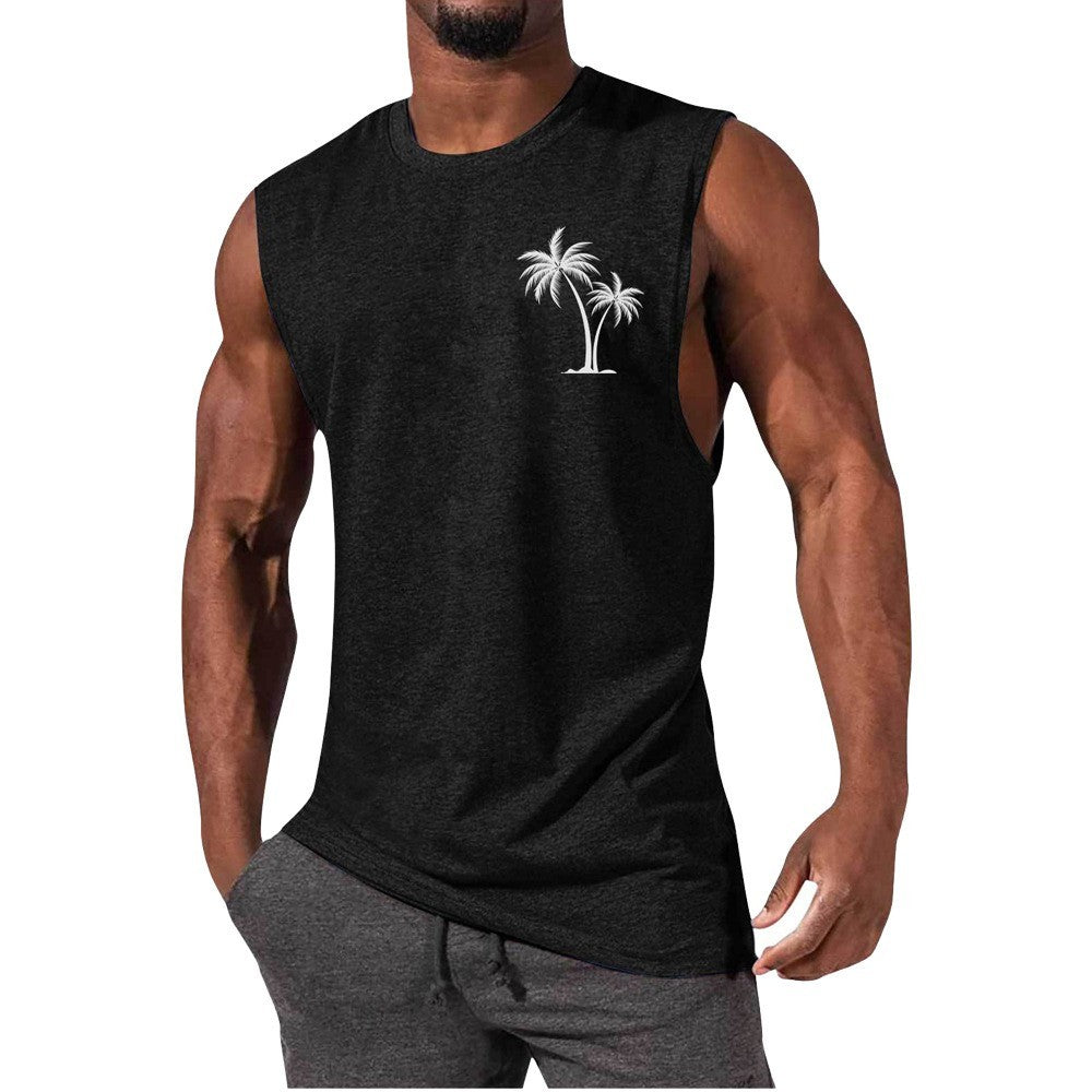 "Coconut Tree Embroidery Summer Tank for Men: Beach to Gym Style"