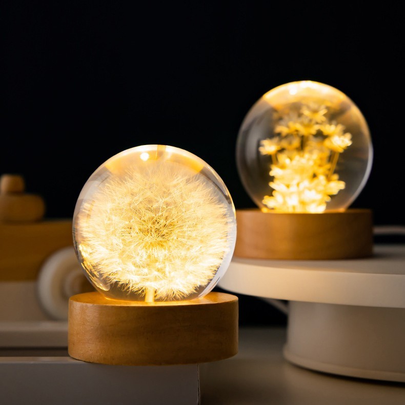 "Mini Luminous Dandelion Crystal Ball with Beech Wood Stand"